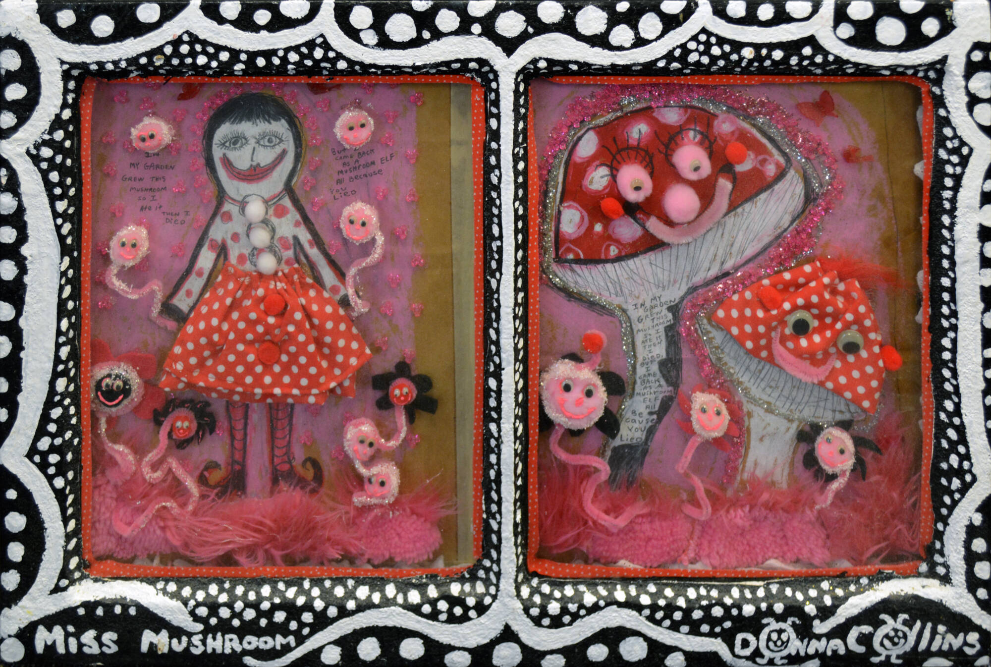 Shadowbox frame with two sides . Left side has a large cartoon character, other side has two mushrooms. Lots of different textiles, textures and paint.